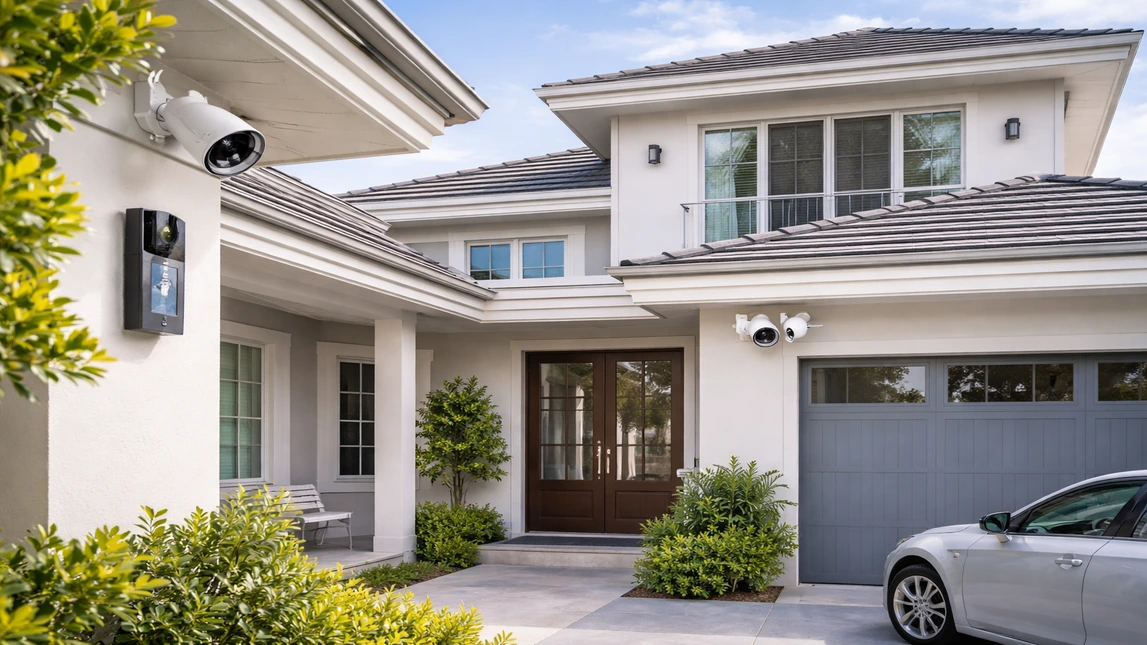 Clean Security Camera Installation On Luxury Home Exterior