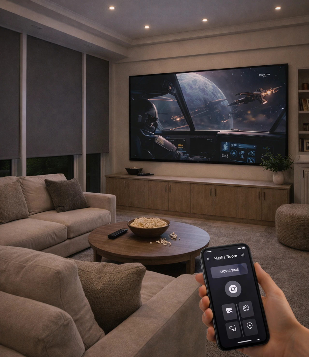 Media Room Motorized Shades Smart Scene Control